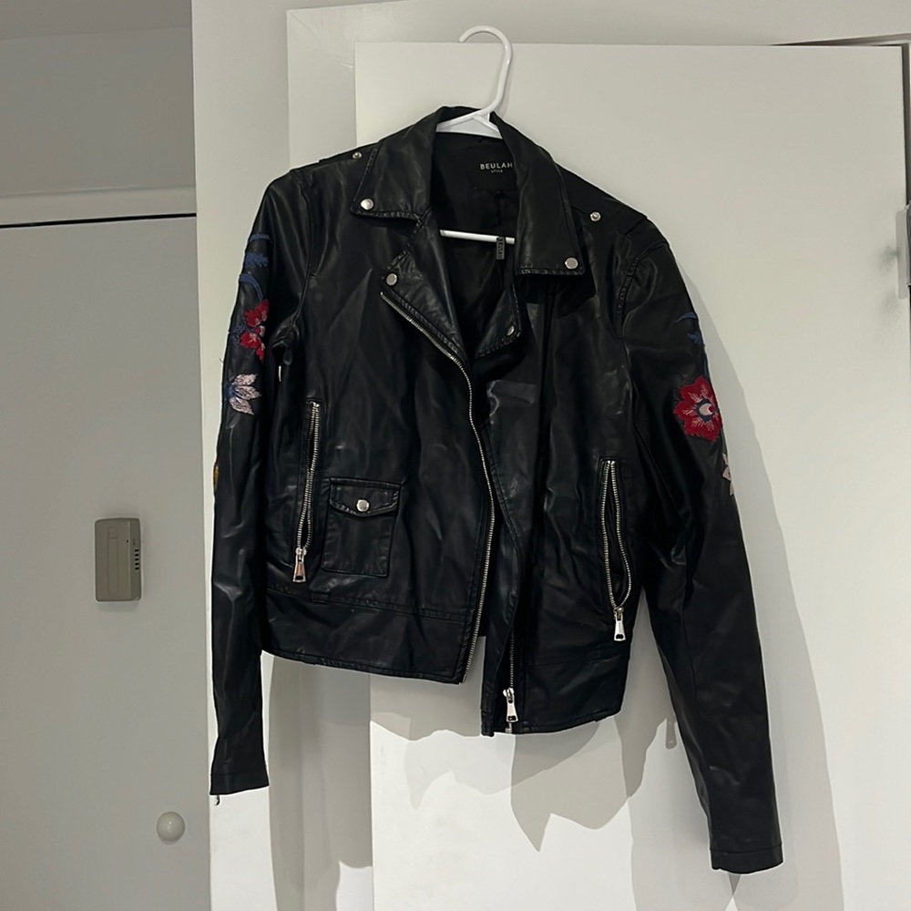Floral Printed Faux Leather Jacket